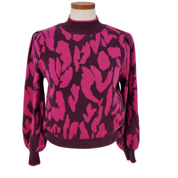 Who What Wear‎ Womens XS Puff Sleeve Sweater Fuchsia Animal Print New - Picture 1 of 7
